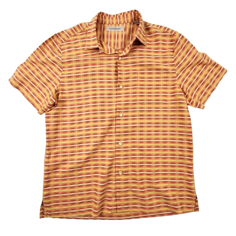 Tommy Bahama Silk Check Geometric Hawaiian Button Up Shirt Mens Large